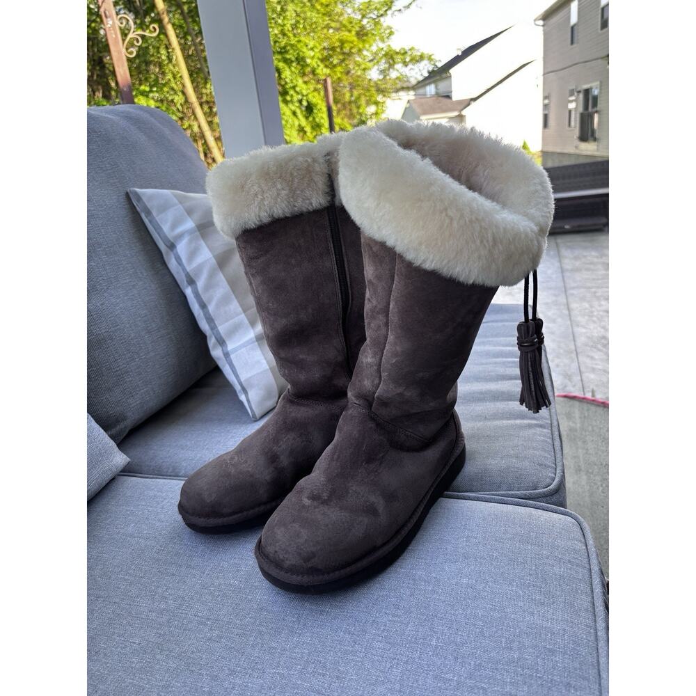 UGG Plumdale Tassel Tall Genuine Sheepskin Boots Sz 8 Zip Espresso Suede 1894 - Picture 11 of 16